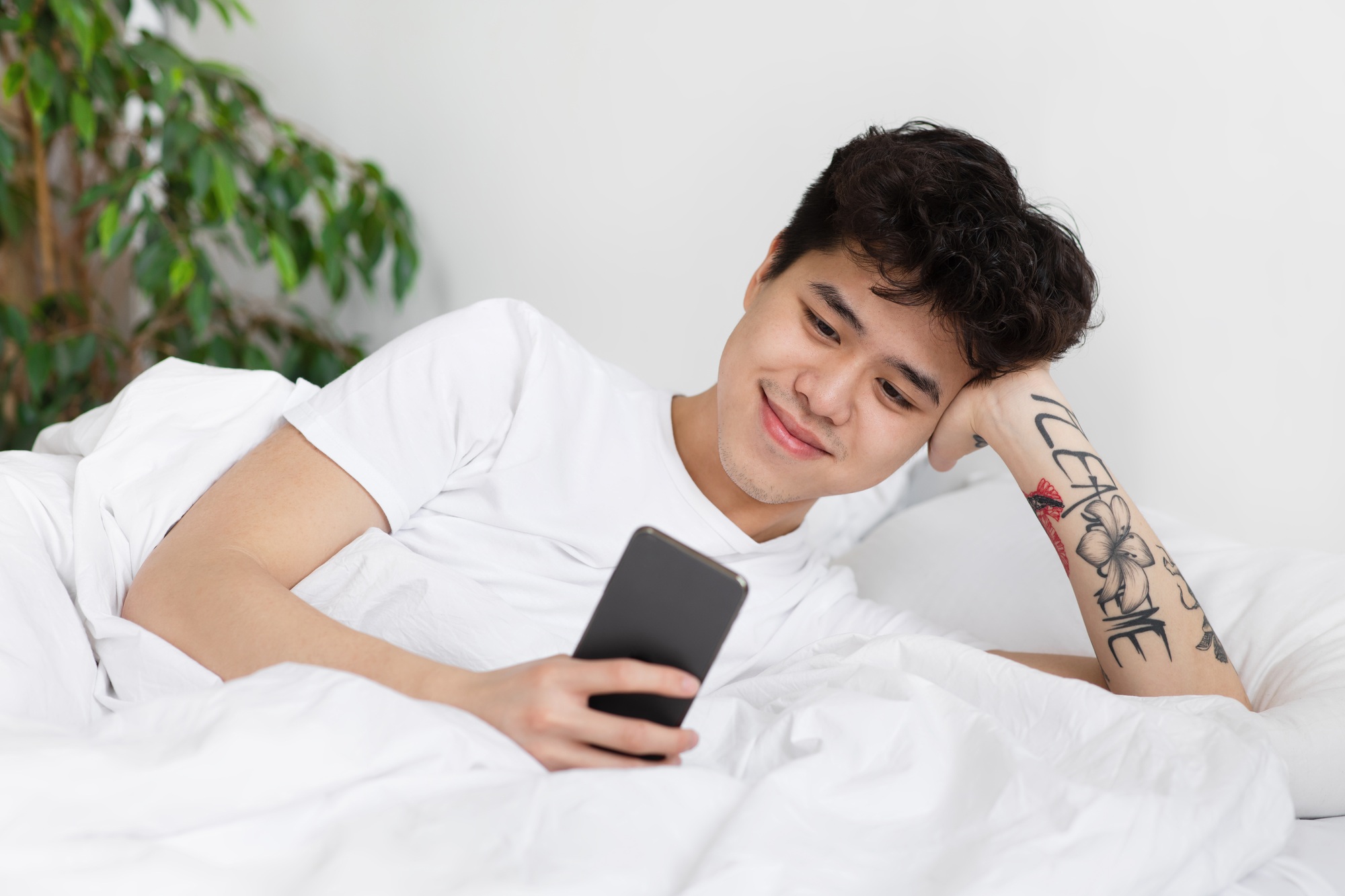 Romantic message, online chat and free time with device at home at morning