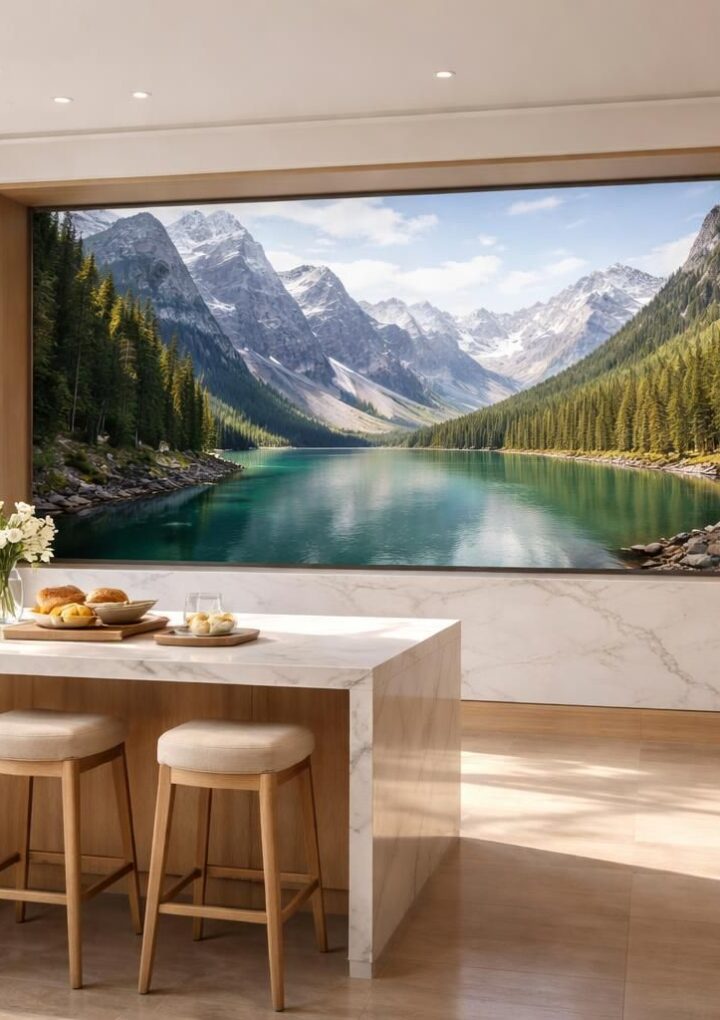 Écran de projection 4K : une cuisine ouverte qui devient une scène