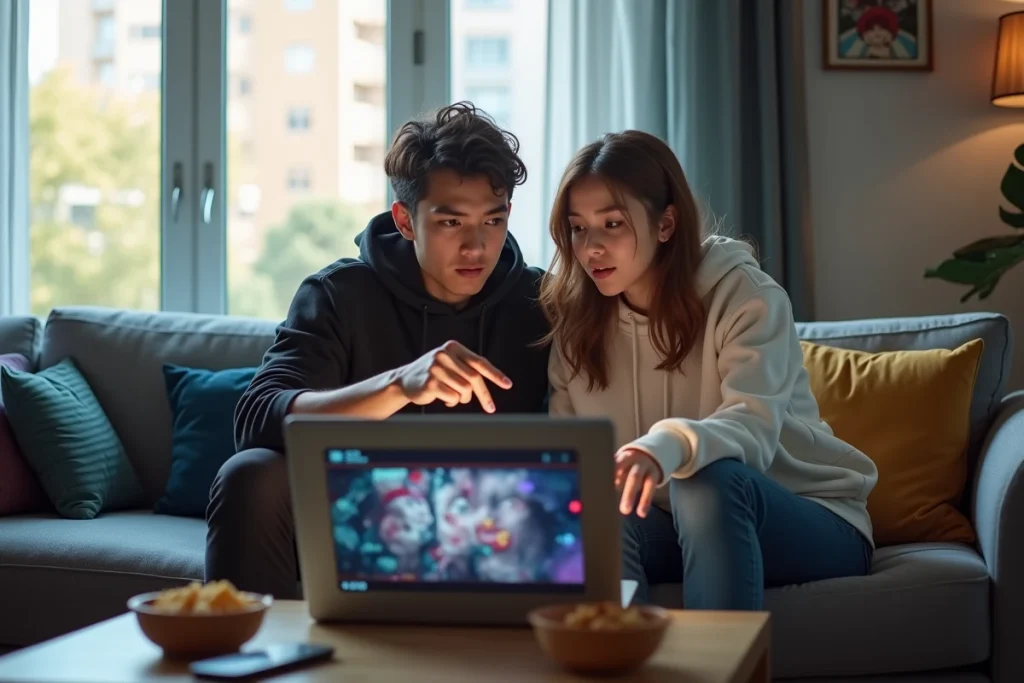 Deux amis passionnés d'anime regardant ensemble une sélection de séries animées sur un ordinateur portable dans un salon moderne