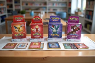 Comparaison des coffrets ETB Aventure Ensemble et autres boîtes Écarlate et Violet Pokémon étalés sur une table en bois