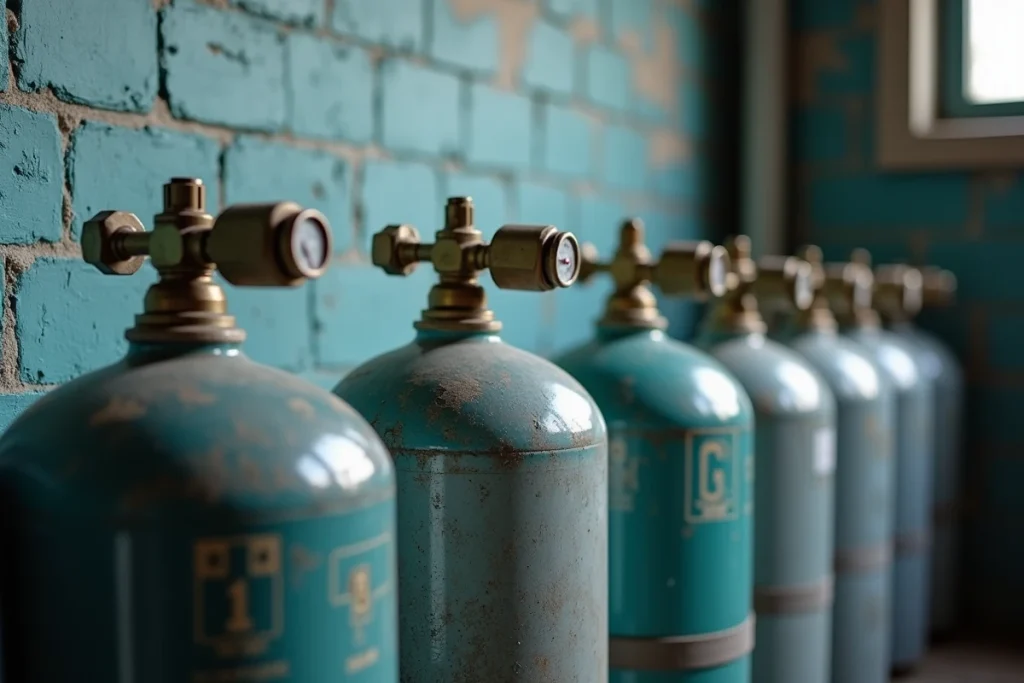 Comparaison de bouteilles de gaz Argon CO2 de différents volumes alignées dans une réserve d'atelier de soudure