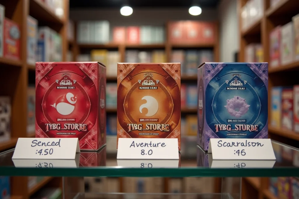 Trois coffrets Pokémon Écarlate et Violet dont l'ETB Aventure Ensemble alignés sur une étagère de boutique de jeux de cartes