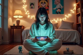 Jeune femme passionnée d'anime utilisant une application de streaming sur tablette dans sa chambre décorée de figurines et de posters manga