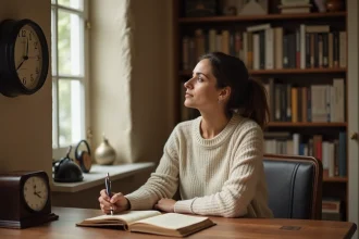 Femme contemplative regardant une horloge affichant 14h41 dans un bureau chaleureux, symbole de la signification des heures miroirs et de la mission de vie