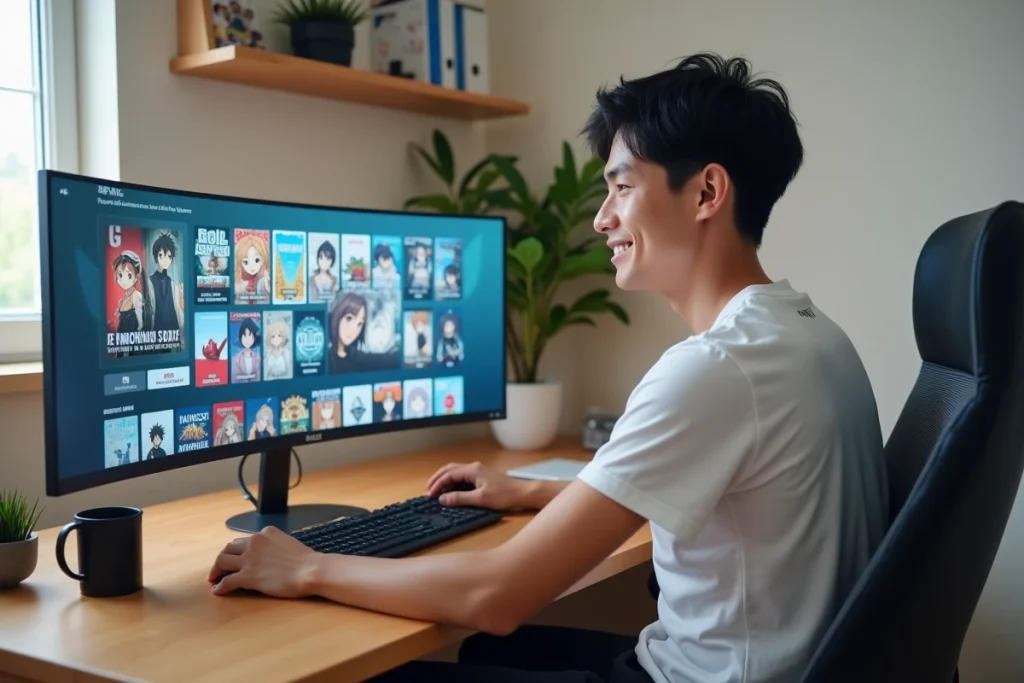 Jeune homme découvrant des recommandations d'anime sur une plateforme en ligne depuis son bureau minimaliste avec un écran ultrawide