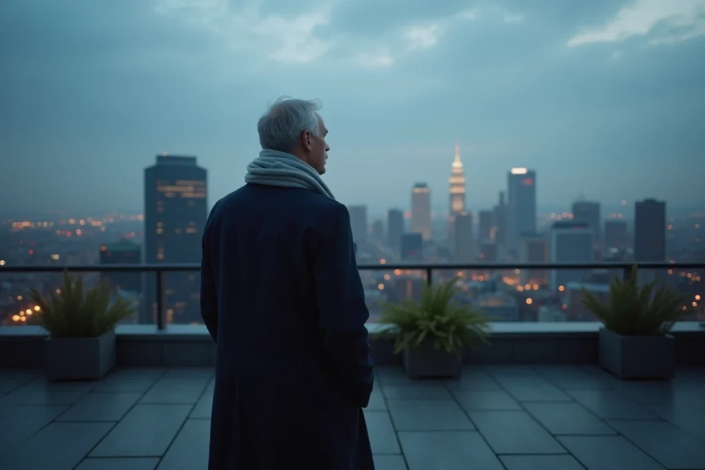 Homme en contemplation sur un toit urbain au crépuscule, évoquant la réflexion sur la signification des heures miroirs comme 14h41 et la quête de sens