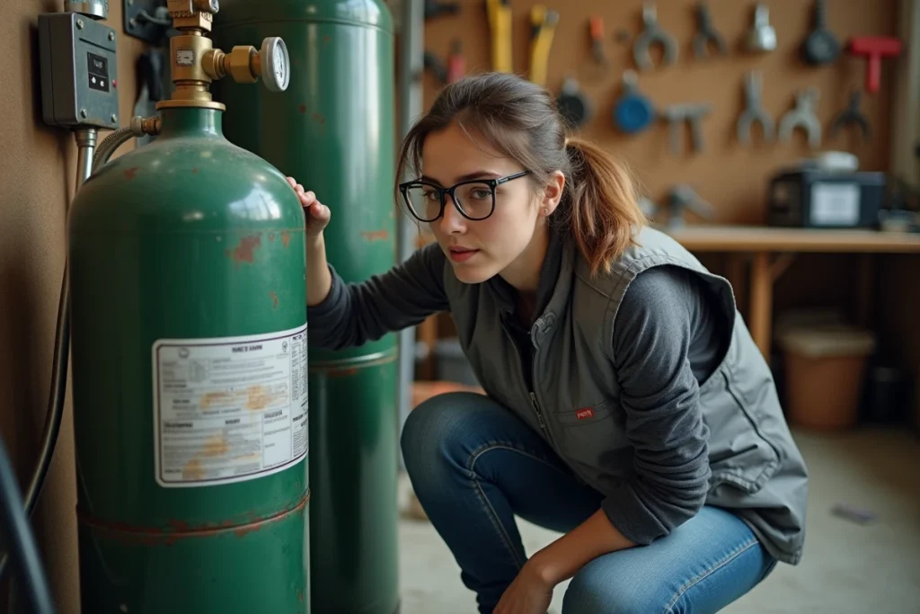 Femme inspectant la jauge et l'étiquette d'une bouteille de gaz Argon CO2 dans un atelier de soudure amateur