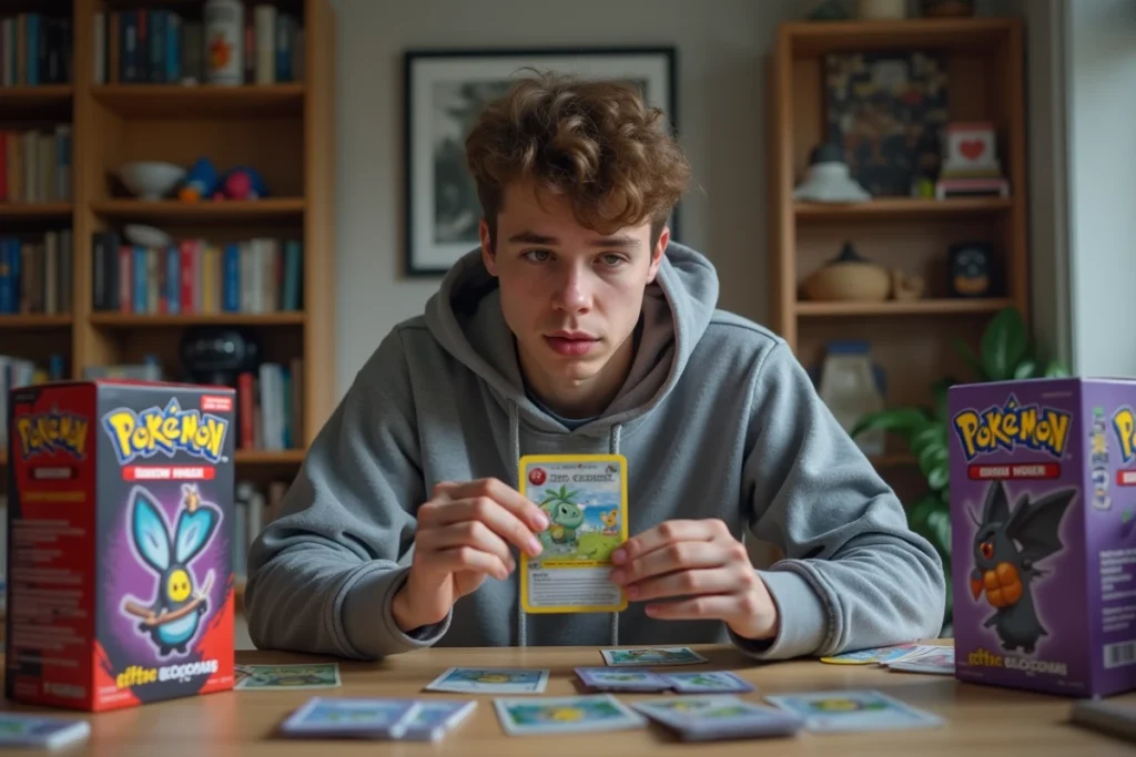 Joueur de cartes Pokémon comparant le coffret ETB Aventure Ensemble avec d'autres boîtes Écarlate et Violet à son bureau