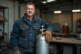 Soudeur professionnel debout à côté d'une bouteille de gaz Argon CO2 dans un atelier de soudure industriel