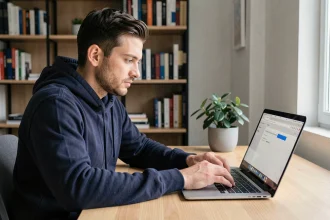 Homme accédant à une nouvelle adresse de site web sur son ordinateur portable dans un bureau à domicile moderne en 2026