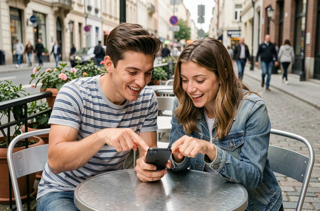 Deux amis attablés en terrasse de café qui regardent ensemble un smartphone pour collecter leurs dés gratuits Monopoly GO