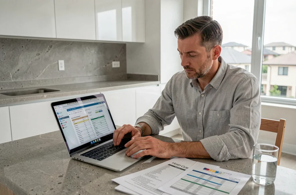 Homme analysant les frais financiers d'un achat immobilier neuf sur ordinateur dans un appartement moderne