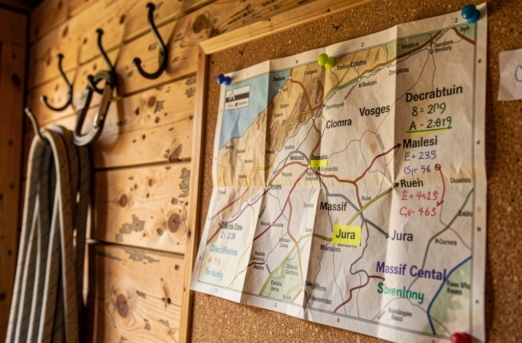 Carte de randonnée annotée des massifs français avec niveaux de difficulté affichée dans un chalet de montagne
