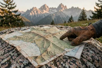 Carte topographique de France dépliée sur un rocher granitique avec massifs montagneux en arrière-plan