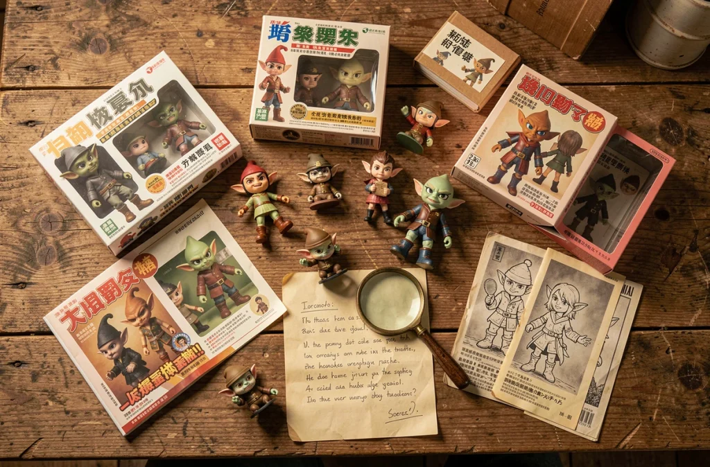 Disposition à plat de figurines Labubu de différentes générations avec leurs emballages originaux et documents de collection, évoquant l'histoire et l'origine du jouet