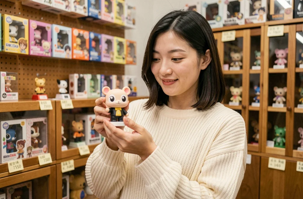 Jeune femme tenant une figurine Labubu dans une boutique de jouets d'art, symbolisant la passion des collectionneurs pour l'univers et les origines de la marque
