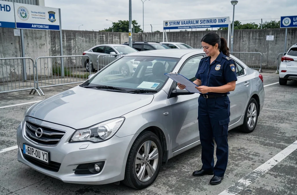 Agente des douanes inspectant un véhicule importé lors d'un contrôle administratif dans une zone d'immatriculation