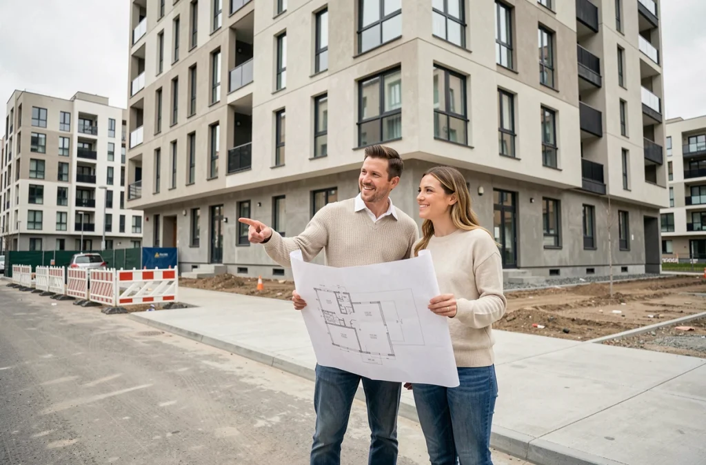 Couple tenant un plan immobilier devant un immeuble neuf lors d'un projet d'achat immobilier