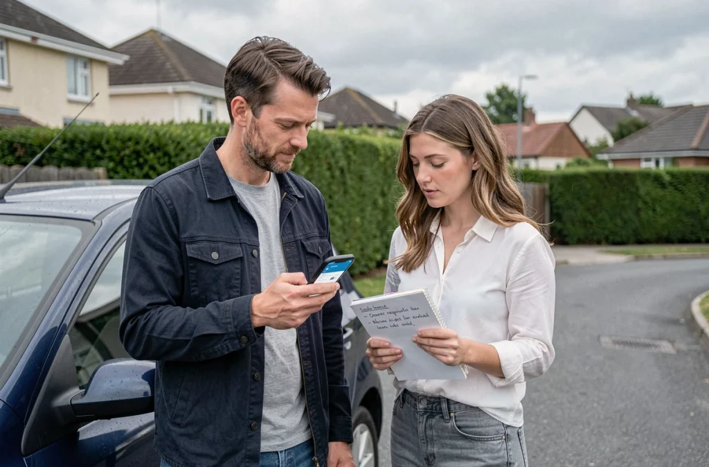 Un couple compare les prix d'une voiture d'occasion avec une application mobile lors d'une visite chez un particulier