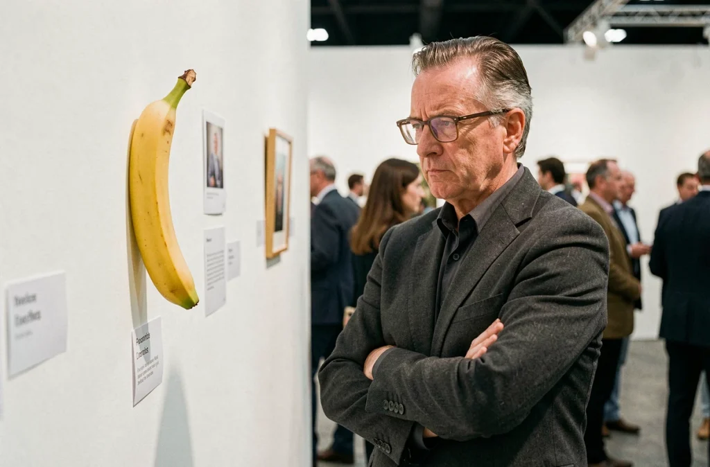 Critique d'art masculin en costume gris examinant une banane collée au mur lors d'une foire d'art contemporain, expression sceptique et analytique