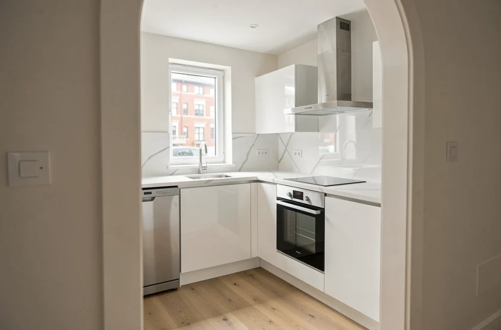 Cuisine équipée moderne entièrement installée dans un appartement locatif meublé avec électroménager intégré