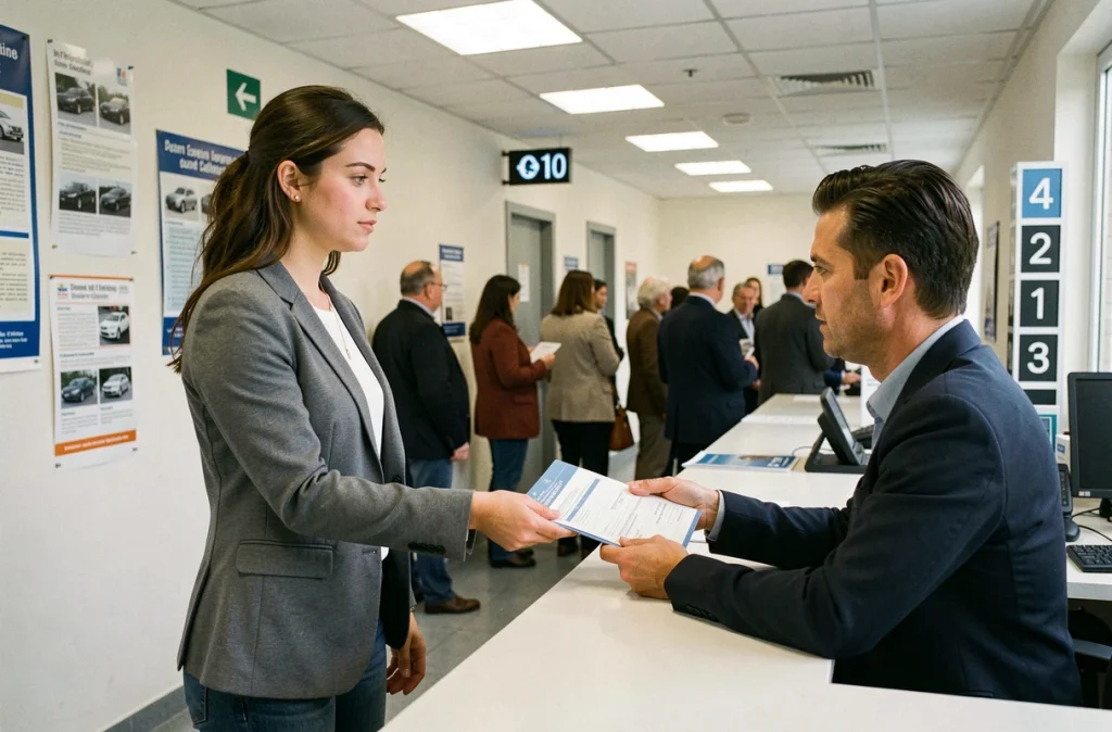 Femme déposant un dossier d'immatriculation de véhicule importé au guichet d'une préfecture