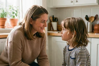 Une femme rassure une petite fille en cuisine avec un sourire bienveillant, illustrant les dictons de confiance pour enfants