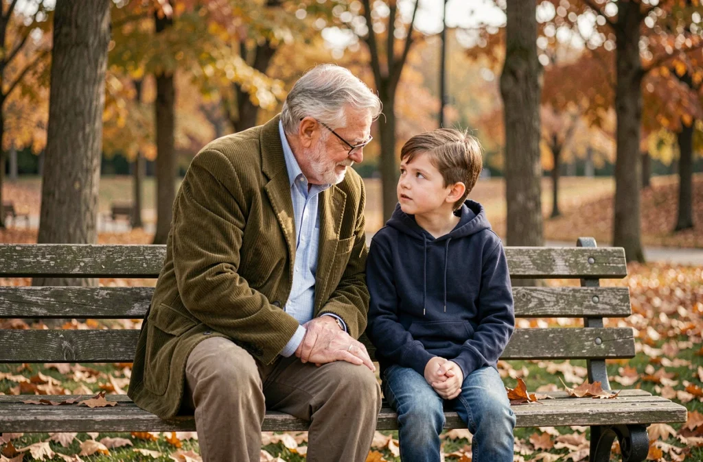 Un grand-père partage un dicton de confiance avec son petit-fils sur un banc de parc en automne