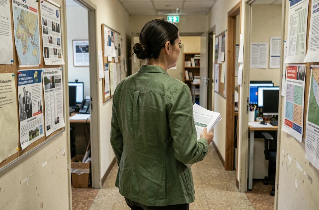 Dirigeante d'un mouvement politique écologiste se déplaçant dans les couloirs du siège de son parti avec des documents de travail