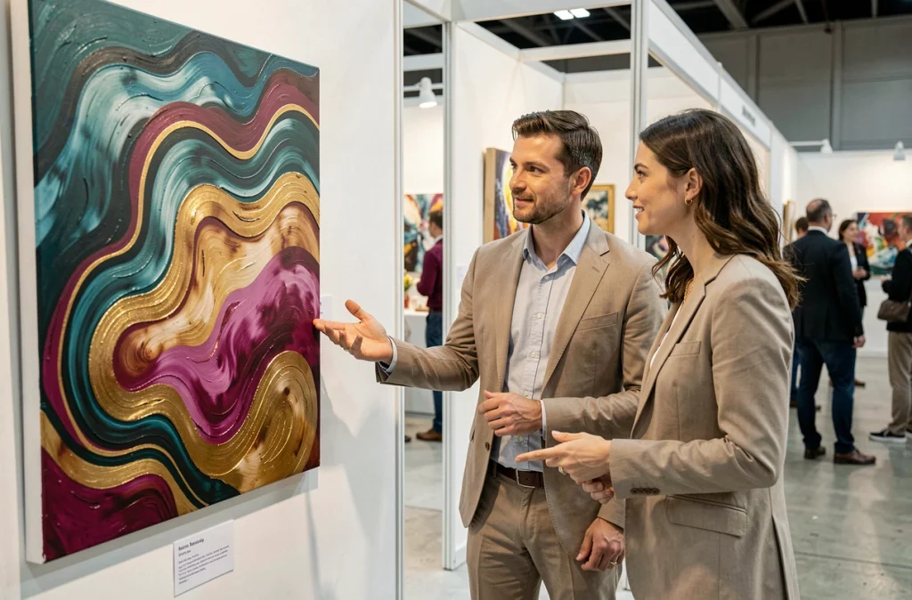 Deux personnes discutant devant une œuvre d'art abstraite colorée lors d'une foire artistique