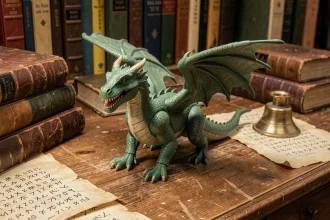 Figurine de dragon fantasy posée sur un bureau de bibliothèque magique avec des livres anciens et des parchemins à Poudlard