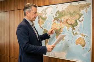 Économiste analysant les routes commerciales mondiales sur une carte murale illustrant la dotation factorielle et l'avantage comparatif