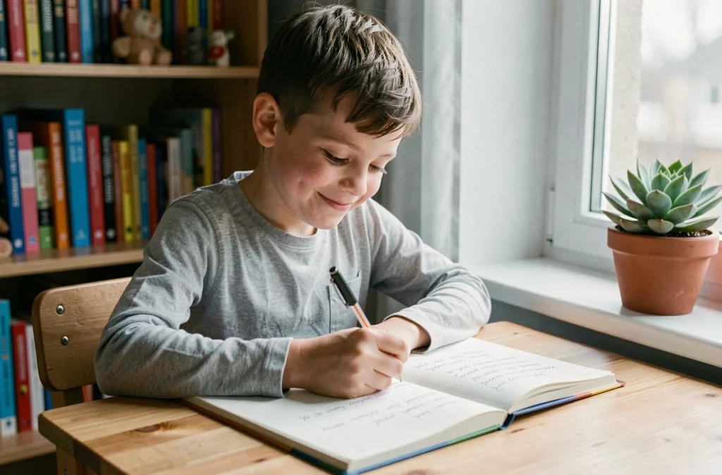 Un garçon écrit des dictons de confiance dans son carnet à son bureau, pratique positive pour renforcer l'estime de soi enfant