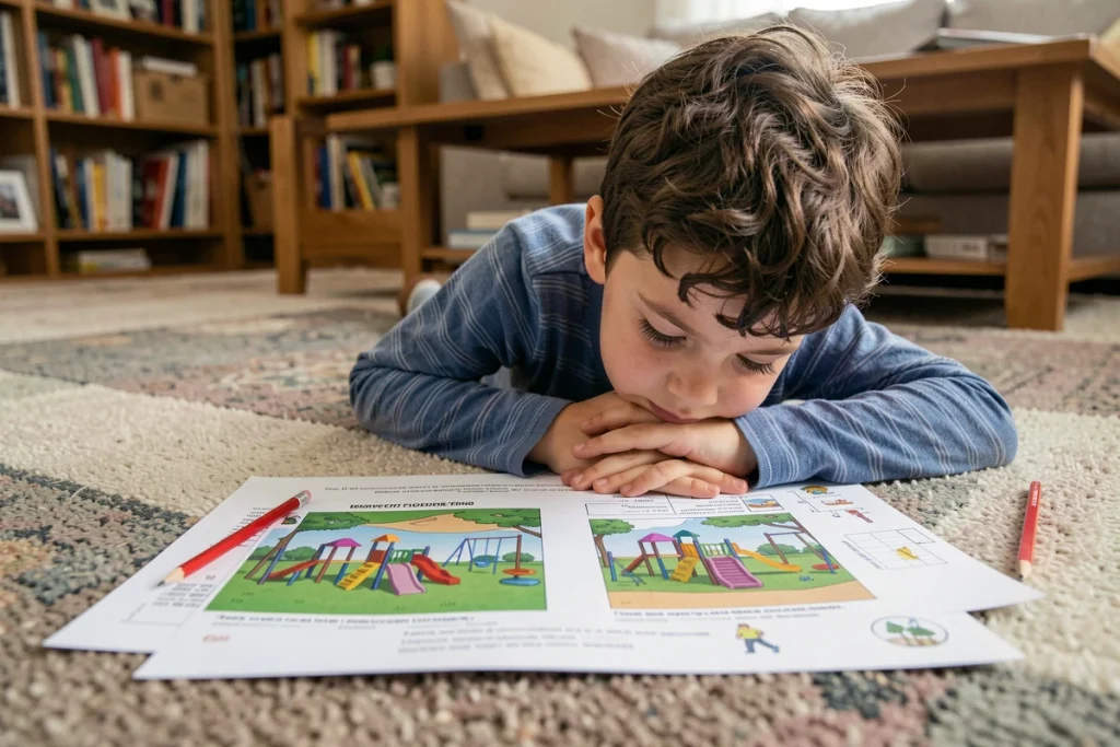 Enfant allongé sur le sol concentré sur un jeu des erreurs imprimé en PDF avec des illustrations de terrain de jeux