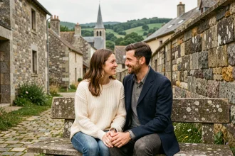 Couple romantique partageant un moment complice sur un banc en pierre dans le village de Saint-Goussaud en Creuse, France