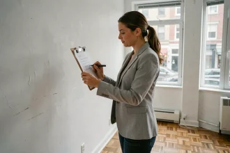 Femme réalisant un état des lieux dans un appartement vide, inspectant les murs et prenant des notes sur un formulaire