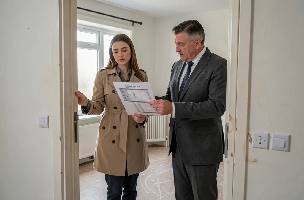 Locataire et propriétaire effectuant ensemble un état des lieux de sortie dans une chambre d'appartement vide