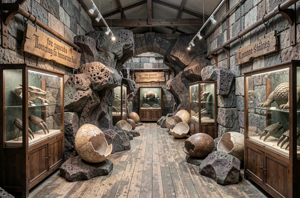 Salle d'exposition immersive sur les dragons du monde des sorciers avec rochers volcaniques et artefacts magiques
