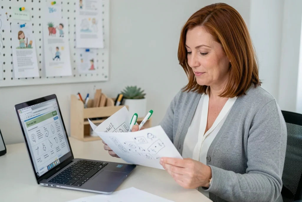 Femme au bureau à domicile comparant un jeu des différences sur écran et sur feuille imprimée PDF avec un stylo vert