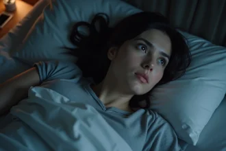 Femme allongée éveillée la nuit dans son lit, regard pensif vers le plafond, perturbée par des pensées intrusives nocturnes
