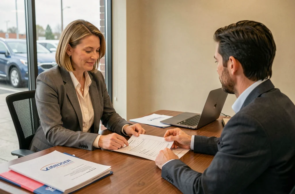 Une femme négocie l'achat d'un véhicule d'occasion à l'intérieur du bureau d'un concessionnaire automobile