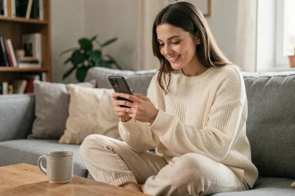 Jeune femme souriante jouant à Monopoly GO sur son smartphone dans son salon, illustrant la routine quotidienne des dés gratuits