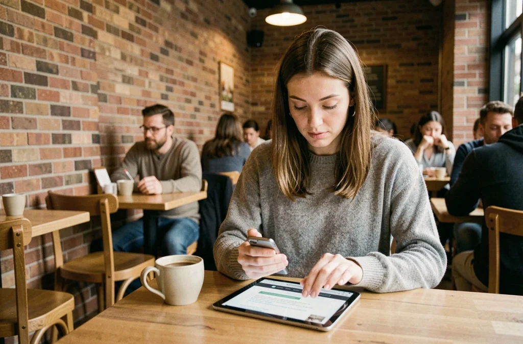 Femme consultant un site internet sur une tablette depuis un café branché pour trouver la nouvelle adresse en 2026