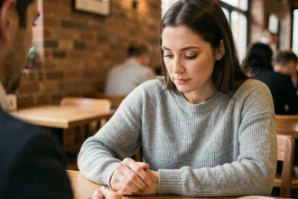 Femme aux yeux baissés assise dans un café, expression douce et pensive lors d'une conversation