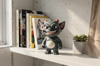 Figurine Labubu en vinyle mat posée sur une étagère minimaliste, illustrant l'origine du personnage et son design iconique aux oreilles pointues