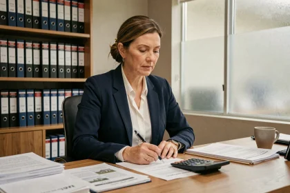 Femme consultant des documents immobiliers et un calculateur dans un bureau de notaire lors d'un achat immobilier neuf