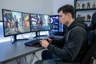 Jeune gamer jouant à Spider-Man Miles Morales sur PC avec une manette PlayStation devant un double écran