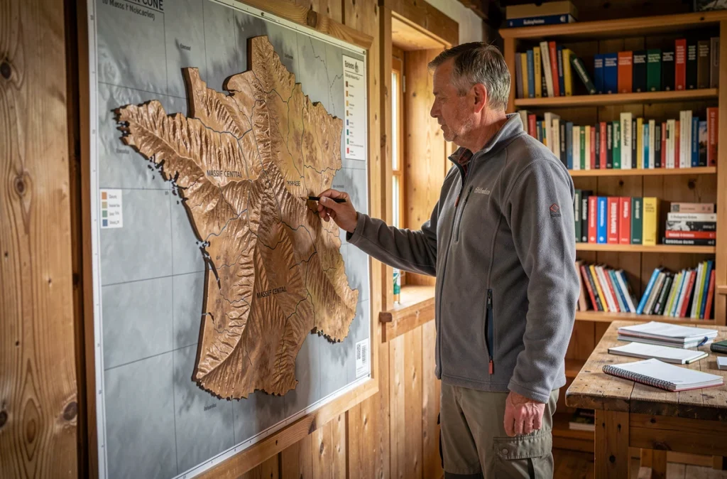 Géographe étudiant une carte en relief des massifs montagneux de France dans un chalet de montagne