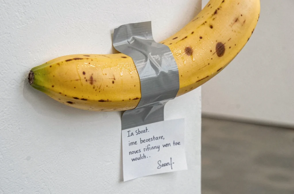 Gros plan d'une banane mûre fixée au mur avec du ruban adhésif gris dans une galerie d'art contemporain, avec une étiquette de certificat manuscrite en dessous