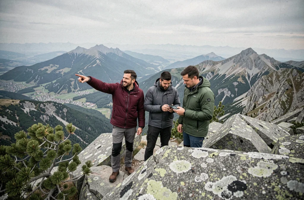 Groupe de randonneurs consultant une carte GPS au sommet d'un promontoire rocheux dans les Pyrénées françaises